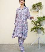 Women lavender muslin printed shirt & pant set (co-ords set)