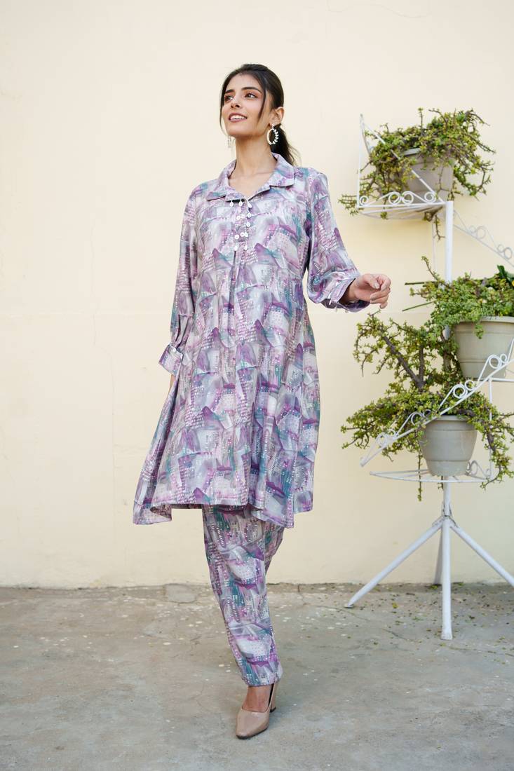 Women lavender muslin printed shirt & pant set (co-ords set)