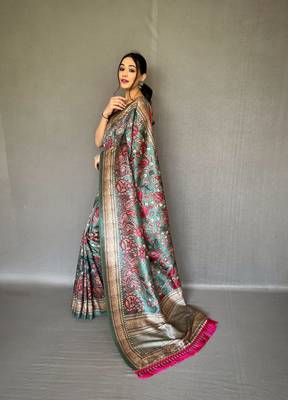 Green diva style of silk Bland zari Border degital Printed saree with Blouse 2
