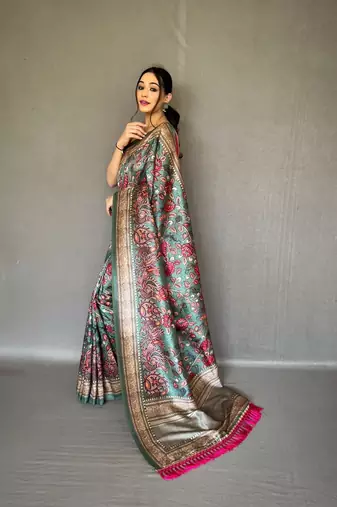 Green diva style of silk Bland zari Border degital Printed saree with Blouse