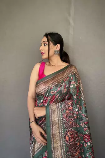 Green diva style of silk Bland zari Border degital Printed saree with Blouse