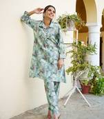 Women mint muslin printed shirt & pant set (co-ords set)