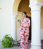 Women peach muslin floral shirt & pant set (co-ords set)