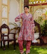 Women brown muslin floral print alia cut kurta & pant (cord set)