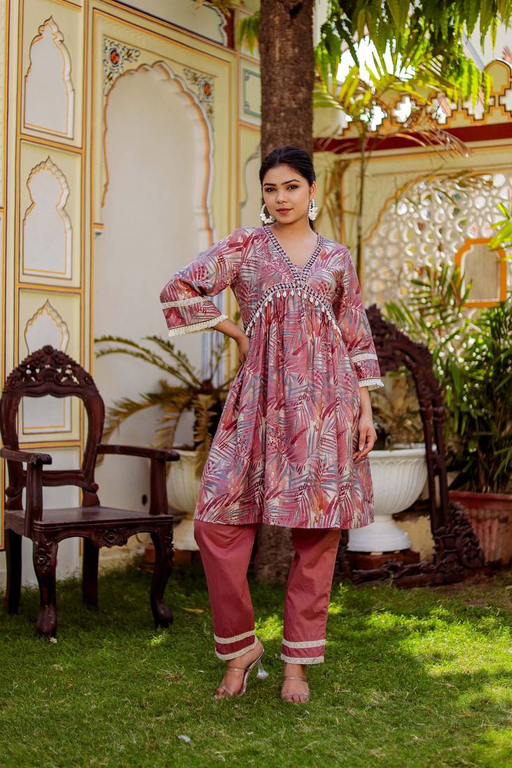 Women brown muslin floral print alia cut kurta & pant (cord set)