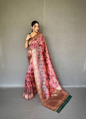 Red diva style of silk Bland zari Border degital Printed saree with Blouse 1