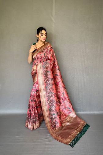 Red diva style of silk Bland zari Border degital Printed saree with Blouse