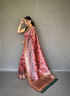 Red diva style of silk Bland zari Border degital Printed saree with Blouse 2