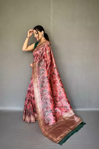 Red diva style of silk Bland zari Border degital Printed saree with Blouse