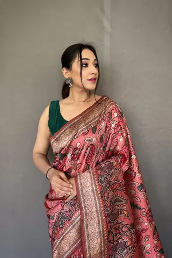 Red diva style of silk Bland zari Border degital Printed saree with Blouse