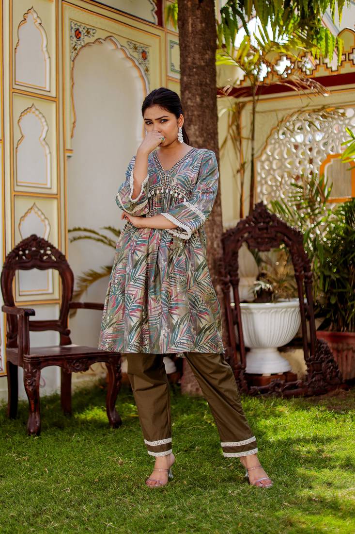 Women olive green muslin floral print alia cut kurta & pant (cord set)