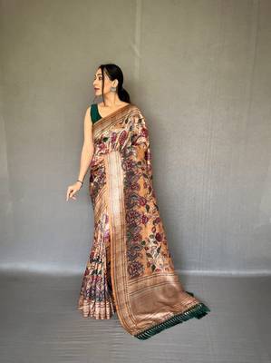 Golden diva style of silk Bland zari Border degital Printed saree with Blouse 1
