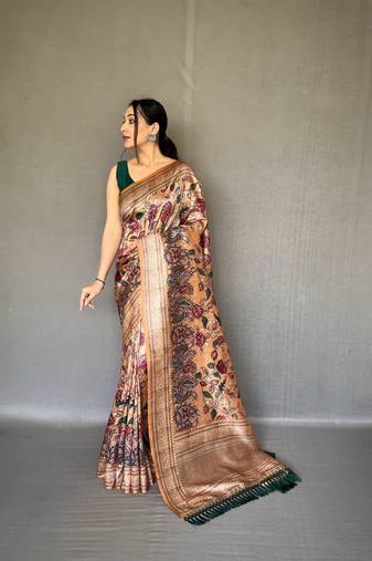 Golden diva style of silk Bland zari Border degital Printed saree with Blouse