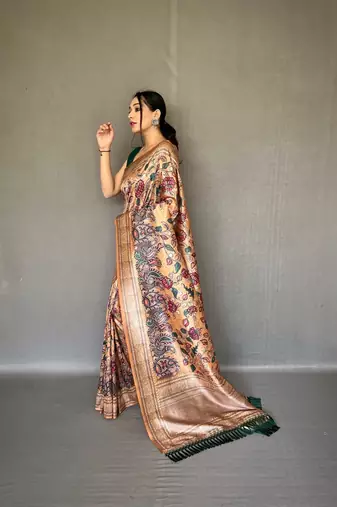 Golden diva style of silk Bland zari Border degital Printed saree with Blouse