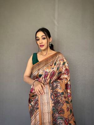 Golden diva style of silk Bland zari Border degital Printed saree with Blouse 3