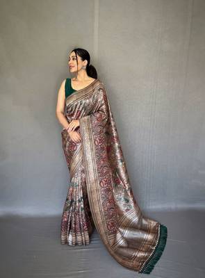 Grey diva style of silk Bland zari Border degital Printed saree with Blouse 1