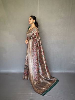Grey diva style of silk Bland zari Border degital Printed saree with Blouse 2