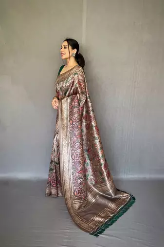 Grey diva style of silk Bland zari Border degital Printed saree with Blouse