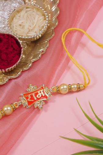 Gold plated ram rakhi with roli chawal & rakshabandhan card for brother/bro/bhaiya 