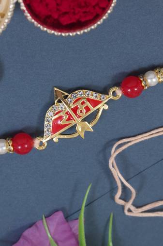 Gold plated ram rakhi with roli chawal & rakshabandhan card for brother/bro/bhaiya 