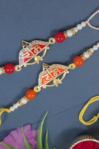 Gold plated combo ram rakhi with roli chawal & rakshabandhan card for brother/bro/bhaiya 