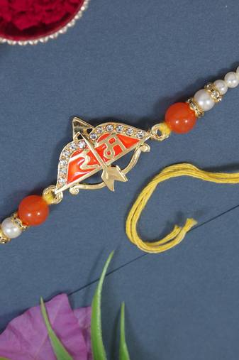 Gold plated ram rakhi with roli chawal & rakshabandhan card for brother/bro/bhaiya 