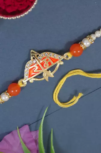 Gold plated ram rakhi with roli chawal & rakshabandhan card for brother/bro/bhaiya 