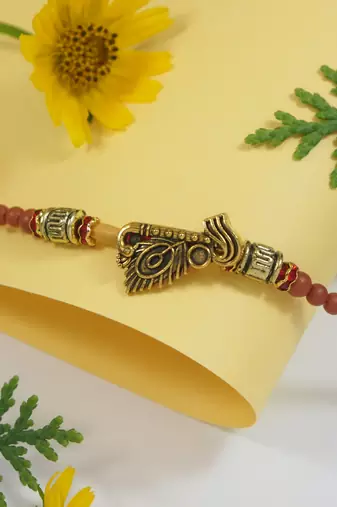 Gold plated peacock feather bhaiya rakhi with roli chawal & rakshabandhan card for men/bro/brother 