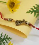 Gold plated peacock feather bhaiya rakhi with roli chawal & rakshabandhan card for men/bro/brother 