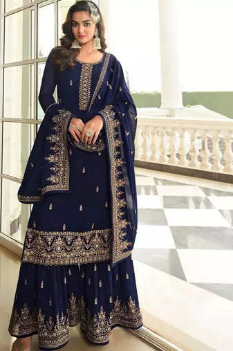 Blue Embroidered Georgette Semi-Stitched Salwar Suit