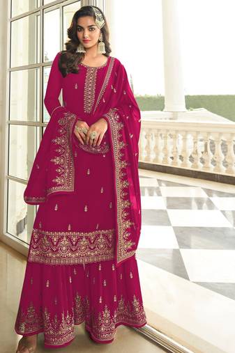 Pink Embroidered Georgette Semi-Salwar Suit