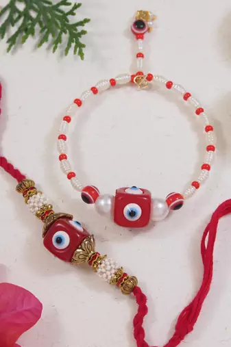 Enamel evil eye bhaiya bhabhi lumba rakhi set with roli chawal for brother/bro/men with rakshabandhan card 