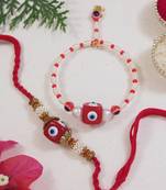 Enamel evil eye bhaiya bhabhi lumba rakhi set with roli chawal for brother/bro/men with rakshabandhan card 