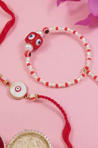 Enamel evil eye bhaiya bhabhi lumba rakhi set with roli chawal for brother/bro/men with rakshabandhan card 