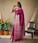Pink Banarasi style silk bland thread work & zari border saree with Blouse