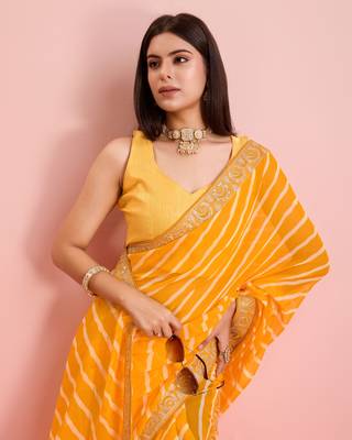 Yellow Printed Georgette Saree With Blouse 3