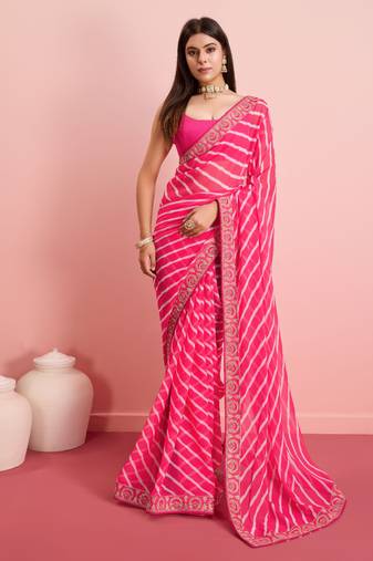 Pink Printed Georgette Saree With Blouse