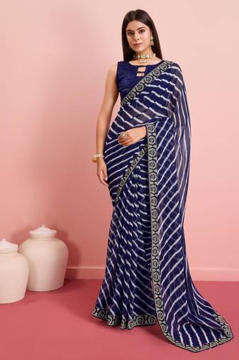 Blue Printed Georgette Saree With Blouse