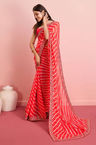 Red Printed Georgette Saree With Blouse