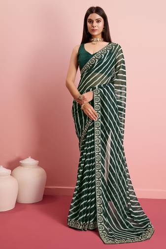 Green Printed Georgette Saree With Blouse
