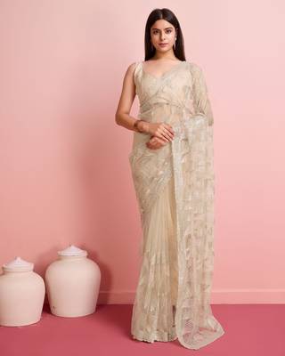Cream Embroidered Work Net Saree With Blouse 1
