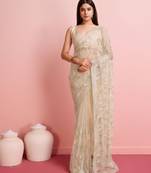 Cream Embroidered Work Net Saree With Blouse