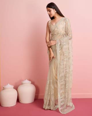 Cream Embroidered Work Net Saree With Blouse 2