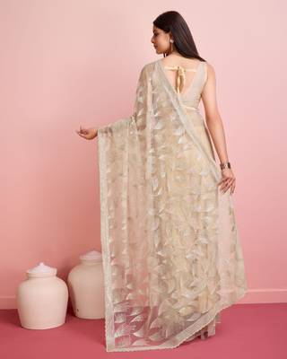 Cream Embroidered Work Net Saree With Blouse 3