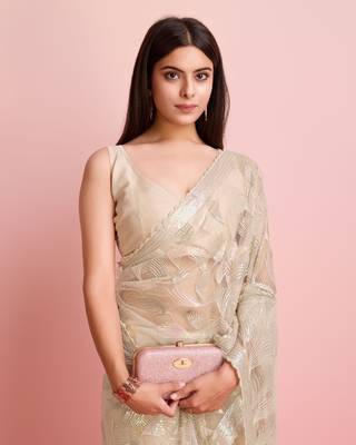 Cream Embroidered Work Net Saree With Blouse 4