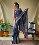 Navy Blue Banarasi style silk bland thread work & zari border saree with Blouse