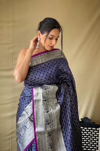 Navy Blue Banarasi style silk bland thread work & zari border saree with Blouse