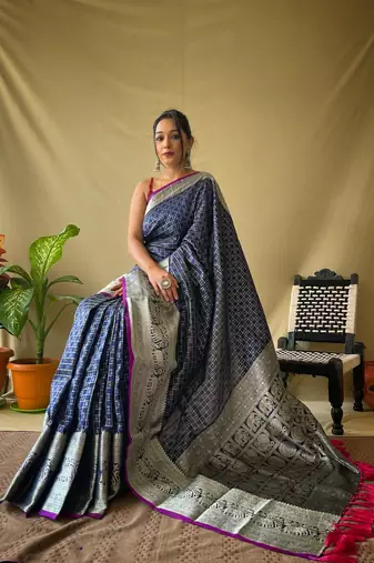 Navy Blue Banarasi style silk bland thread work & zari border saree with Blouse
