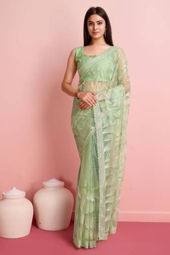 Light Green Embroidered Work Net Saree With Blouse