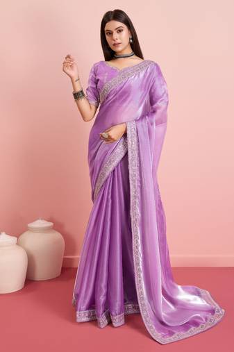 Lavender Plain Poly Silk Blend Saree With Blouse